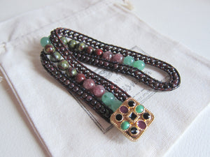 African Bloodstone, Red Garnet, Strawberry Quartz, Aventurine in 3 Row Cuff Bracelet