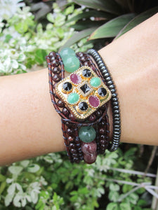 3 Row Cuff Bracelet in Red Garnet, Dragon Bloodstone Jasper and Green Aventurine