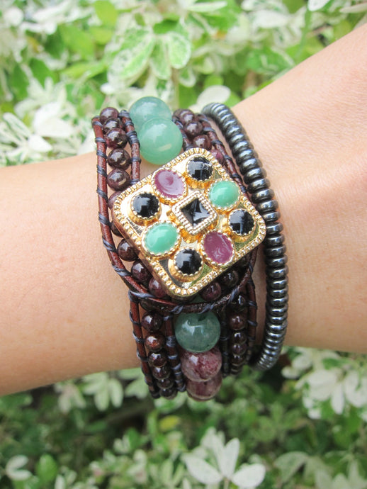 African Bloodstone, Red Garnet, Strawberry Quartz, Aventurine in 3 Row Cuff Bracelet