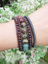 African Bloodstone, Red Garnet, Strawberry Quartz, Aventurine in 3 Row Cuff Bracelet