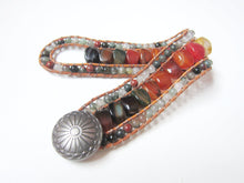 Southwest Red Tangerine Brown Onyx, Bloodstone Leather 3X Row Cuff Wrap Bracelet