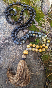 Golden Cats Eye, Black Onyx & Silver Beads in 108 Bead Prayer Necklace