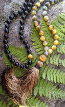 Yellow Golden Cats Eye, Black Onyx & Silver Beads in 108 Bead Prayer Necklace