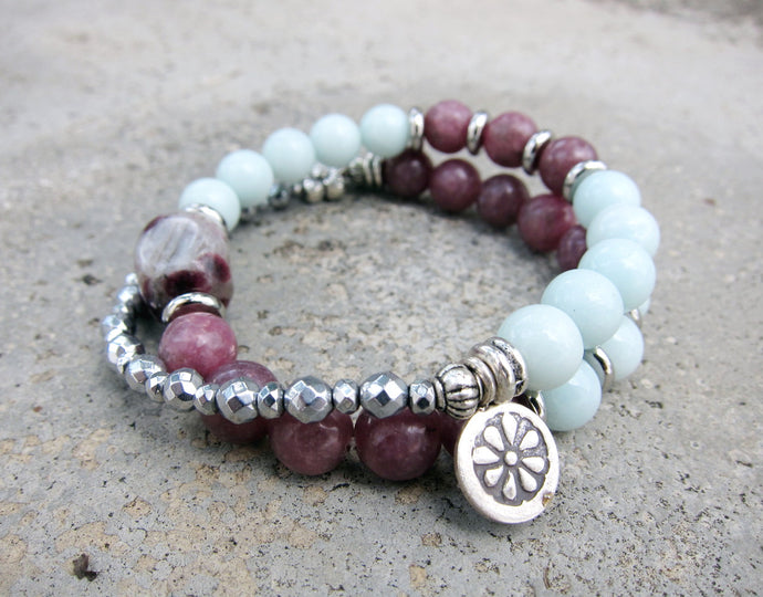 SALE - 27 Bead Mala Bracelet in Lepidolite, Plum Blossom Tourmaline and Amazonite