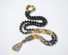 Cats Eye, Honey Mustard Blue Tiger Eye, Citrine, Gold Rutilated Quartz Pendant Necklace