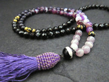 108 Mala Beaded Necklace in Black Agate, Purple Lace Agate, Amethyst, Tibetan Script (Guru Bead) w/ matching Long Purple Tassel, Root Chakra Mala Necklace - yogisnista