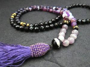 108 Mala Beaded Necklace in Black Agate, Purple Lace Agate, Amethyst, Tibetan Script (Guru Bead) w/ matching Long Purple Tassel, Root Chakra Mala Necklace - yogisnista