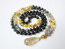 Cats Eye, Honey Mustard Blue Tiger Eye, Citrine, Gold Rutilated Quartz Pendant Necklace