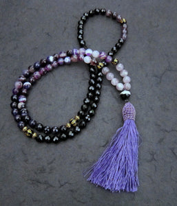 108 Mala Beaded Necklace in Black Agate, Purple Lace Agate, Amethyst, Tibetan Script (Guru Bead) w/ matching Long Purple Tassel, Root Chakra Mala Necklace - yogisnista