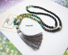 SALE - 108 Beaded Tassel Necklace in Moonstone, Green, Black Agate