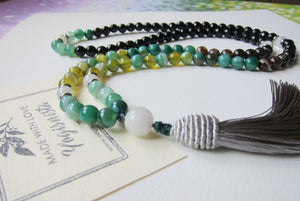 SALE - 108 Beaded Tassel Necklace in Moonstone, Green, Black Agate