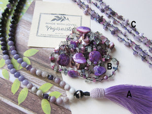 SALE - 108 Mala Tassel Necklace in Agate, Amethyst, Charoite ~ Root Chakra Mala