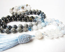 108 Bead Mala Tassel Necklace in Rainbow Labradorite, Moonstone, Aquamarine, Snowflake Obsidian