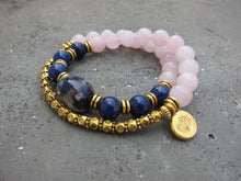 27 Bead Mala Bracelet in 24K Gold Vermeil Lotus Charm, Lapis Lazuli and Rose Quartz - yogisnista
