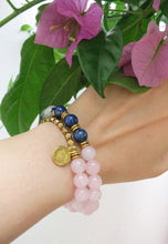 27 Bead Mala Bracelet in 24K Gold Vermeil Lotus Charm, Lapis Lazuli and Rose Quartz - yogisnista