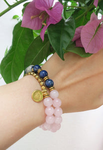 27 Bead Mala Bracelet in 24K Gold Vermeil Lotus Charm, Lapis Lazuli and Rose Quartz - yogisnista