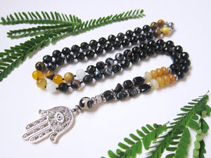 Grounding, Protection Mala in Hamsa Pendant Necklace for Him or Her