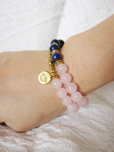 27 Bead Mala Bracelet in 24K Gold Vermeil Lotus Charm, Lapis Lazuli and Rose Quartz - yogisnista