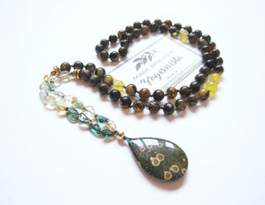 SALE - Baltic Amber, Citrine and Clear Quartz w/ Ocean Jasper Pendant Necklace