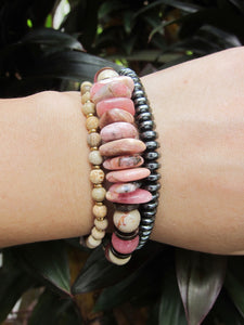 Natural Pink Rhodochrosite and African Opal Energy Wrist Mala Bracelet