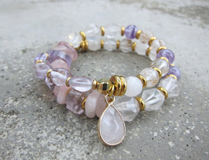 Ametrine, Cacoxenite Quartz, Rose Quartz and Lavender Chevron Mala Bracelet in 27 Beads