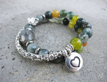 SALE - 27 Bead Labradorite, Eagle Eye, Agate Mala Stone Bracelet with Heart Charm