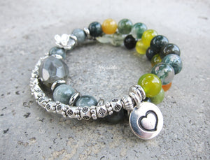 SALE - 27 Bead Labradorite, Eagle Eye, Agate Mala Stone Bracelet with Heart Charm