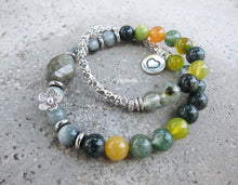 SALE - 27 Bead Labradorite, Eagle Eye, Agate Mala Stone Bracelet with Heart Charm