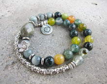 SALE - 27 Bead Labradorite, Eagle Eye, Agate Mala Stone Bracelet with Heart Charm