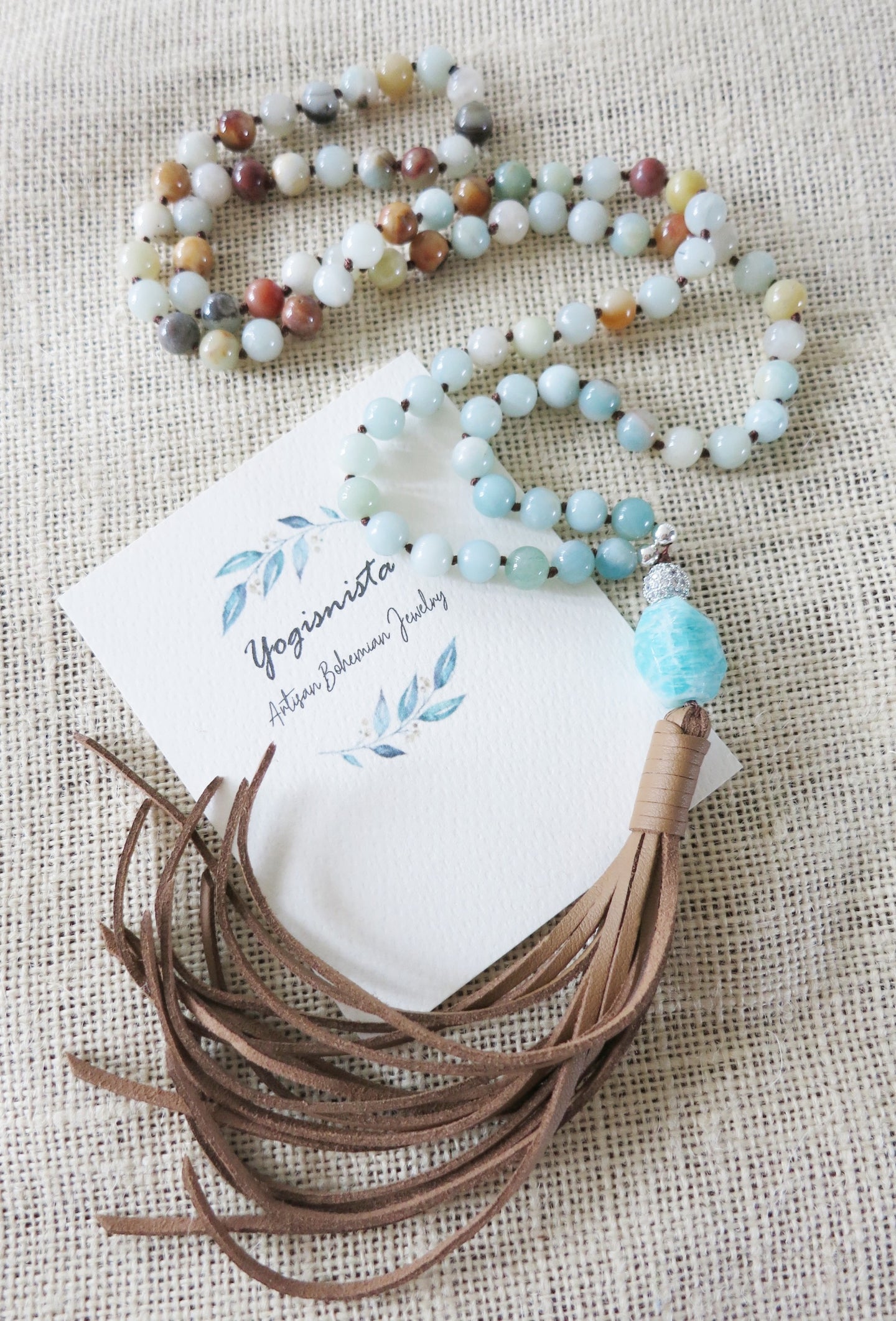 Long Amazonite Boho Tassel Leather Necklace - yogisnista