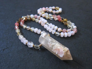 Bohemian Sakura Cherry Blossom Mala Necklace in matching Flower Agate Pendant Point