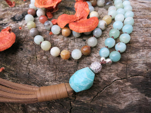 Natural Amazonite Boho Tassel Leather Necklace - yogisnista