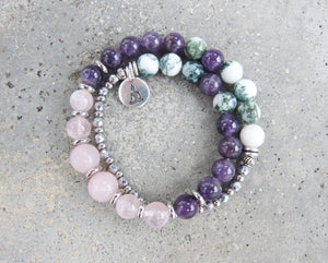 Amethyst, Tree Agate, Pink Quartz Mala Bracelet