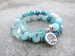 27 Beads in Natural Teal Blue Hemimorphite, Apatite + Blue Quartz Mala Bracelet