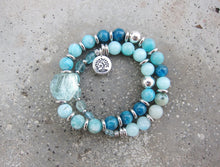 27 Beads in Natural Teal Blue Hemimorphite, Apatite + Blue Quartz Mala Bracelet