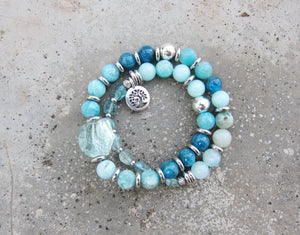 27 Beads in Natural Teal Blue Hemimorphite, Apatite + Blue Quartz Mala Bracelet