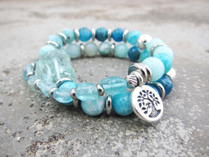 27 Beads in Natural Teal Blue Hemimorphite, Apatite + Blue Quartz Mala Bracelet