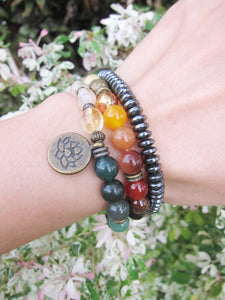 SALE - 7 Chakra Stone Mala Bracelet with Lotus Charm