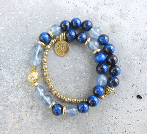 SALE - 27 Bead Mala Bracelet in Blue Tiger Eye and Fluorite