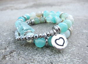 Aqua Teal Blue Agate and Blue Quartz Mala Bracelet