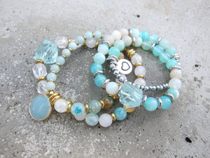 Aqua Teal Blue Agate and Blue Quartz Mala Bracelet