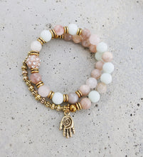 27 Bead Mala Bracelet in Sunstone, Pink Quartz, Amazonite Gold Hamsa Charm - yogisnista