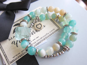 Aqua Teal Blue Agate and Blue Quartz Mala Bracelet