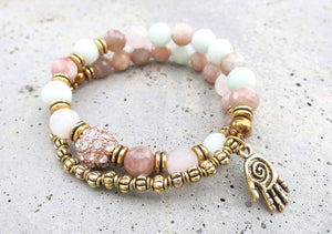 Sunstone Pink Mala Beaded Bracelet with Hamsa Charm