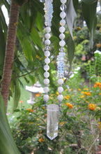 Stunning Selenite, Clear Quartz, Rainbow Moonstone Mala Necklace in Quartz Pendant