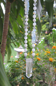 Stunning Selenite, Clear Quartz, Rainbow Moonstone Mala Necklace in Quartz Pendant