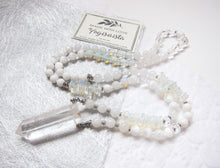 Stunning Selenite, Clear Quartz, Rainbow Moonstone Mala Necklace in Quartz Pendant