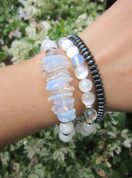 Selenite, Moonstone, Opal, Clear Quartz Single Mala Bracelet