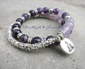 June Mala Bracelet in Moonstone, Amethyst Pink Quartz, w/ Yoga Charm - yogisnista