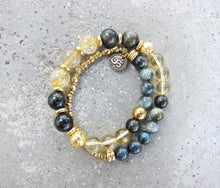 27 Bead Gold Rutilated Quartz, Black Gold Obsidian, Blue Eagle Eye, Gold Hematite Mala Bracelet